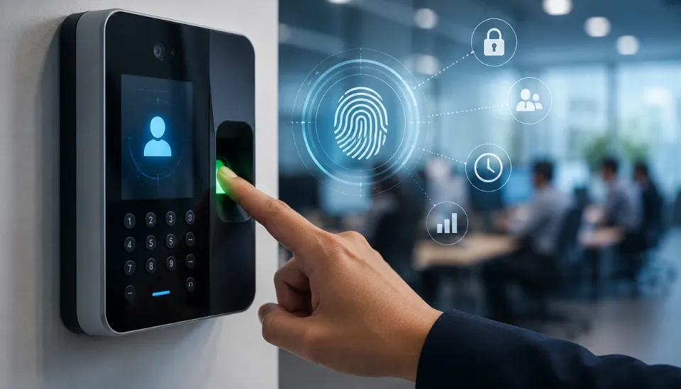 Fingerprint attendance terminal on an office wall