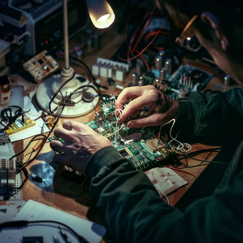 Technician repairing an electronic circuit board